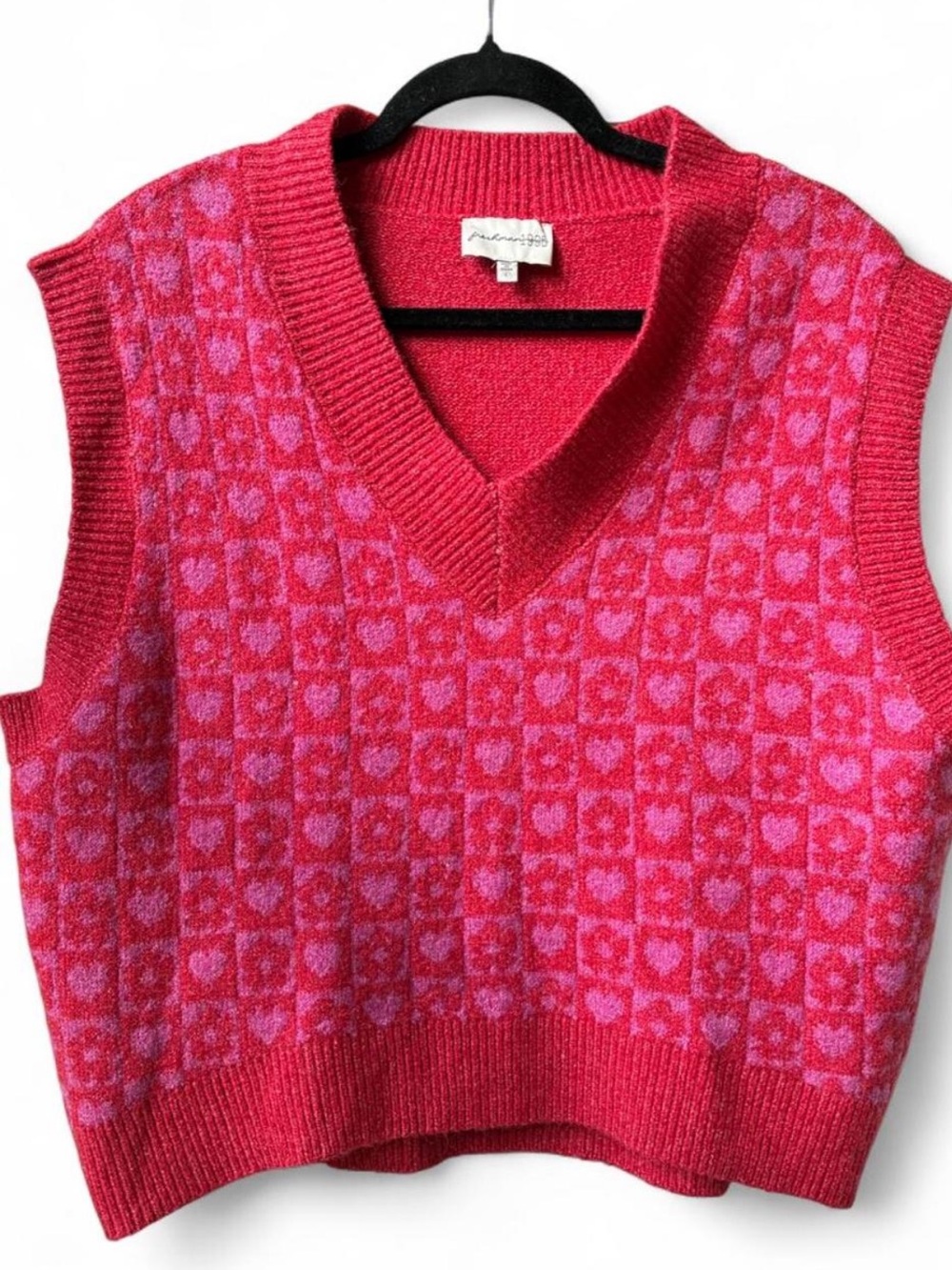Freshman Red Pink Heart Flower V-Neck Sweater Vest preppy color block preppy L